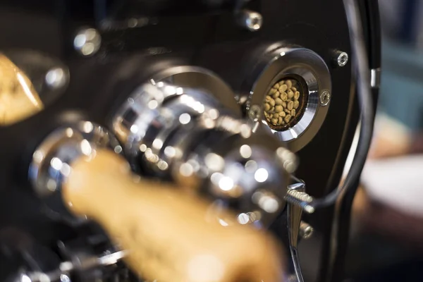 Coffee Roasting Machine Close Shot Seeing Coffee Beans — Stock Photo, Image