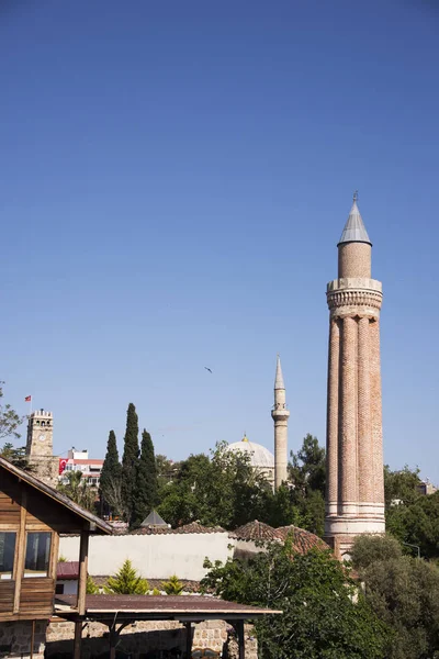 Symbol Antalya Ribbed Minaret Mosque Clock Tower Same Frame — Stock Photo, Image