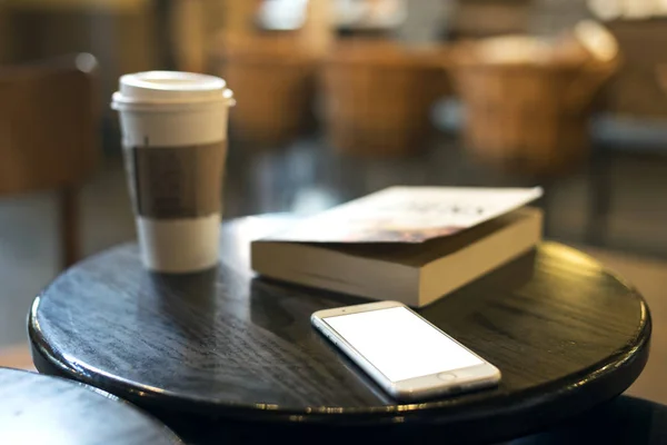 Smart Phone Wooden Table Cafe Book — Stock Photo, Image