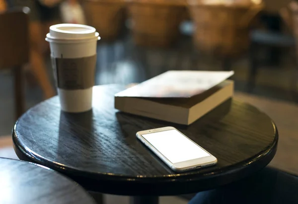 Smart Phone Wooden Table Cafe Book — Stock Photo, Image