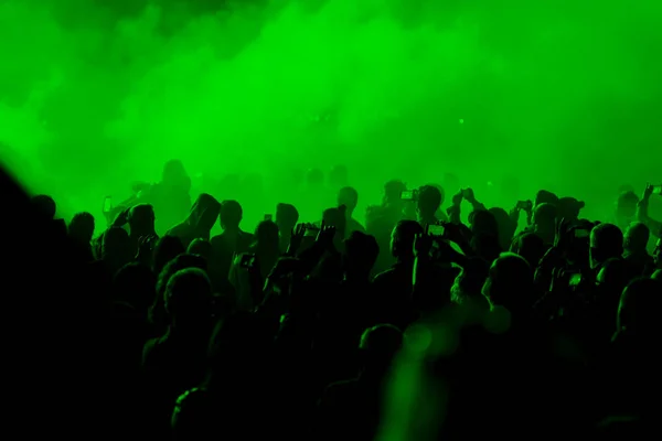 Concert field, crowded people under the blue stage lights.