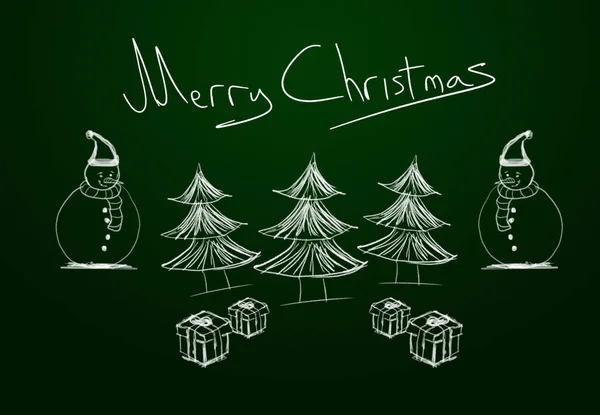 Merry Christmas Written Chalkboard Three Pine Trees Two Snowmen Gift — Stock Photo, Image