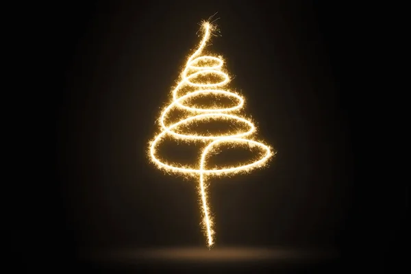 Christmas Pine Tree Drawing Sparkles Dark Background Long Exposure Photography — Stock Photo, Image
