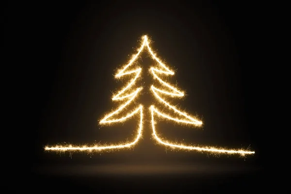Pine Kerstboom Tekenen Met Schittert Een Donkere Achtergrond Lange Blootstelling — Stockfoto