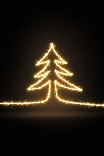 Christmas pine tree drawing with sparkles on a dark background. Long exposure photography like illustration.