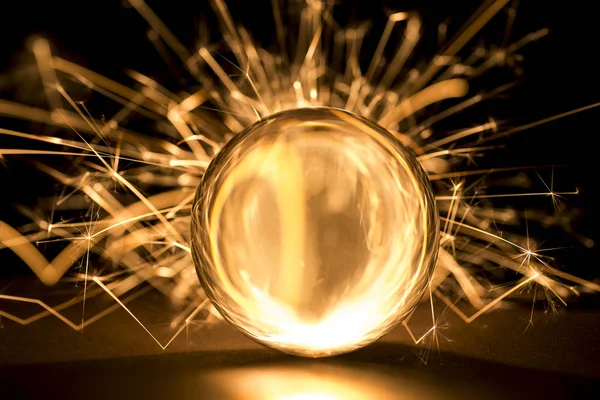 Burning Sparkler Glass Ball Black Background — Stock Photo, Image