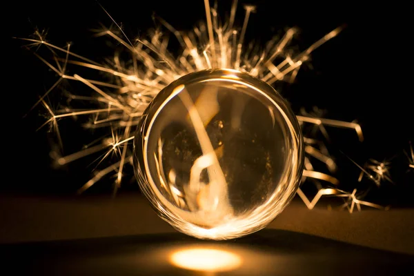 Burning Sparkler Glass Ball Black Background — Stock Photo, Image