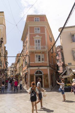 Corfu, Yunanistan - 16 Haziran 2018. Korfu Yunanistan geleneksel mimarisi. Corfu Island.