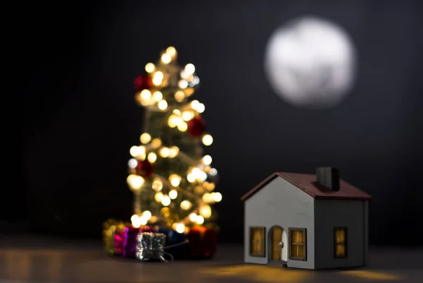 Model House Med Fancy Tall Och Fullmåne Natten — Stockfoto