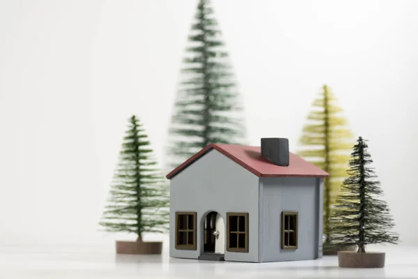 Handmade Small House Pine Trees White Background — Stock Photo, Image