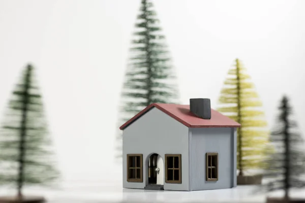 Handmade Small House Pine Trees White Background — Stock Photo, Image