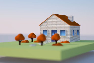 Bir CGI evi yeşil bir zemin üzerinde ve ağaçları ile kapatmak.