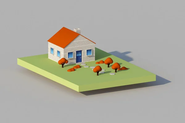 Cgi Isometrisch Weergave Van Een Stenen Huis Een Groene Grond — Stockfoto