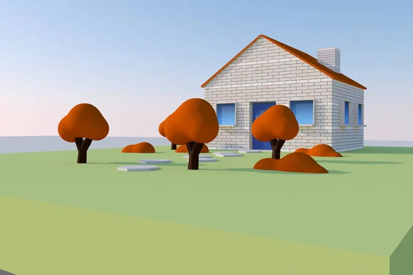 Feche Uma Casa Cgi Terreno Verde Com Árvores — Fotografia de Stock