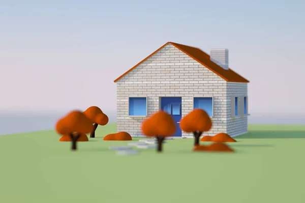 Cgi Haus Auf Grünem Grund Und Mit Bäumen — Stockfoto