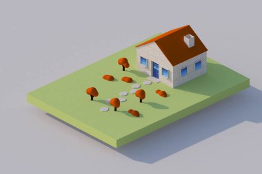Bir ev kırmızı ağaç ve taş yol yeşil bir zeminde CGI izometrik görünümü.