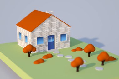 Bir CGI evi yeşil bir zemin üzerinde ve ağaçları ile kapatmak.