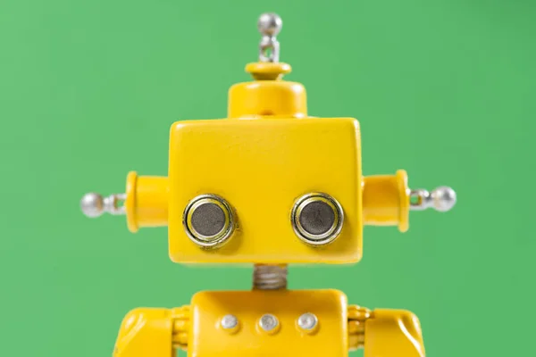 Portrait Cute Yellow Handmade Robot Green Background — Stock Photo, Image