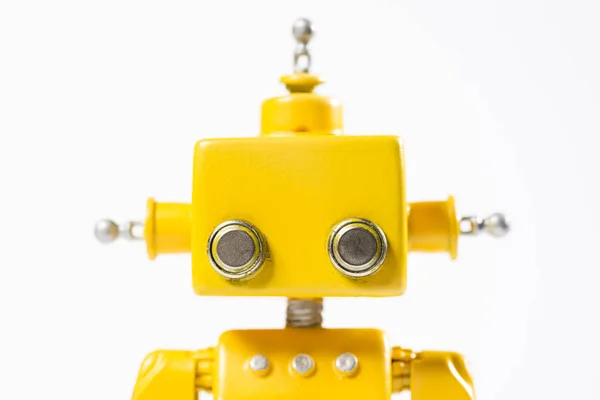 Portrait Cute Yellow Handmade Robot White Background — Stok Foto