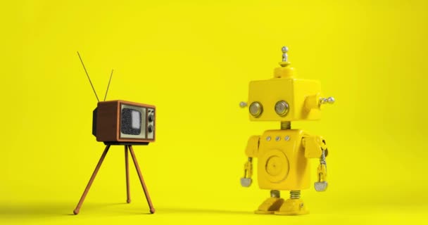 Söt Gul Handgjord Robot Gul Bakgrund Med Retro — Stockvideo