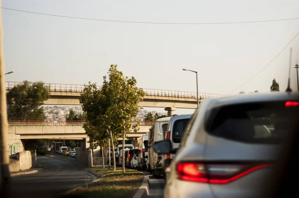 Tunnel Bane Bro Och Trafikstockning Med Inget Tåg Metrobron Kvällen — Stockfoto