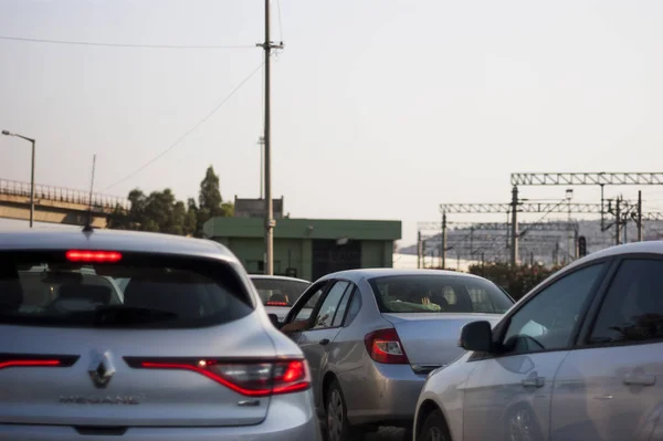 Some Brand Vehicles Avenue Cant Move Because Traffic Jam Evening — Stock Photo, Image