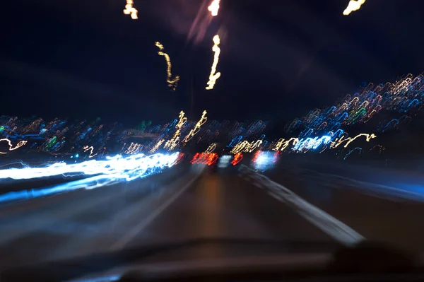 Parece Una Vista Desde Los Ojos Conductor Borracho Larga Exposición — Foto de Stock