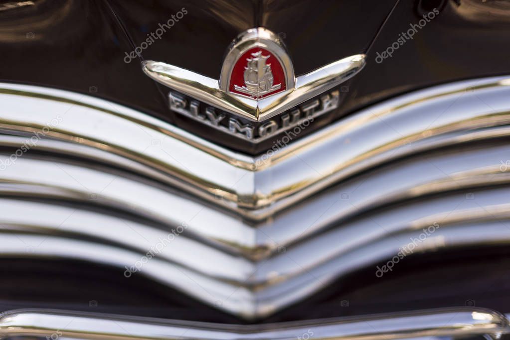 Izmir, Turkey - September 23, 2018: Emblem of a Black colored 1948 Plymouth Deluxe car Izmir Turkey.