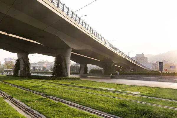 Szyny tramwajowe z trawą i mostem autostradowym. — Zdjęcie stockowe