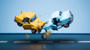 Animation footage from a photo of mine which is yellow and blue car crashes in the middle air on a blue background. With particules spreading . around and a tire is flying like slow motion.