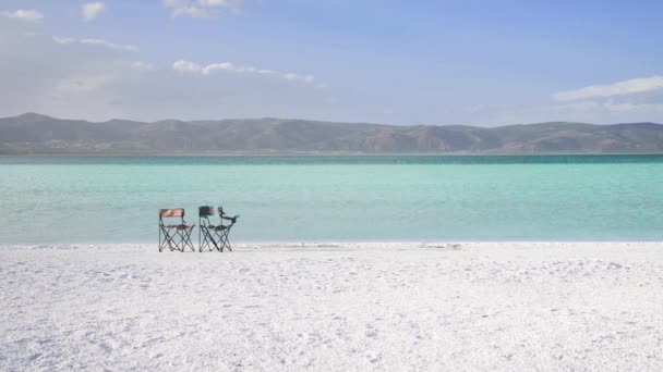 Озеро Сальда Мальдивы Белым Песком Бирюзовой Водой Цвета Двумя Пустыми — стоковое видео