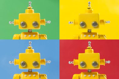Pop Art, Sevimli, sarı, el yapımı robot portresi gibi. 