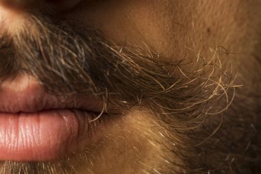 Kıvrılmış, seksi ve dağınık bıyık seksi dudaklar ve ayı ile yakın