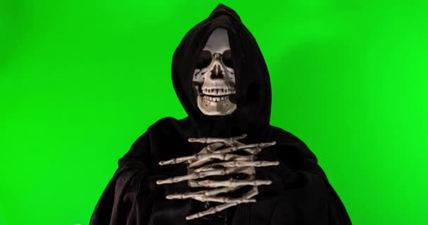 Talking Skeleton Black Scarf Stop Motion Footage Green Background Alpha — Stock Video