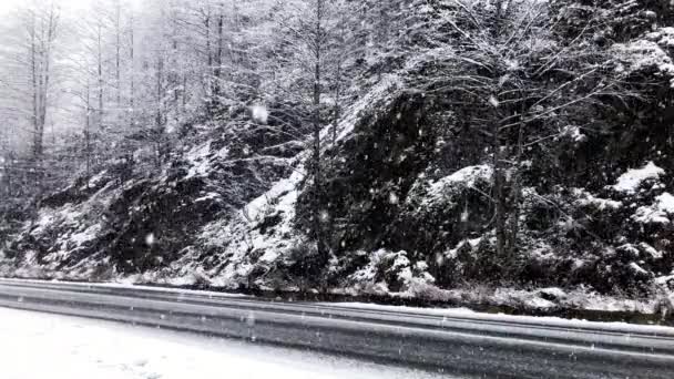 Slow Motion Snoeien Winter Met Besneeuwde Bomen Rotsen Asfaltweg — Stockvideo