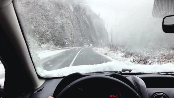 Autofahren Bei Schneesturm Bei Tageslicht — Stockvideo