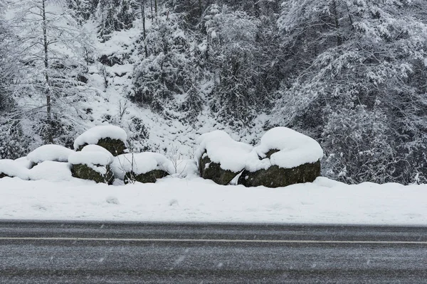 Snowy road scene in de winter, met besneeuwde bomen, rotsen en asfalt — Stockfoto