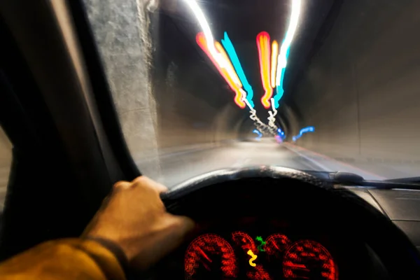 Vista Shaky Lunga Esposizione Una Macchina Tunnel Contesto Dei Trasporti — Foto Stock