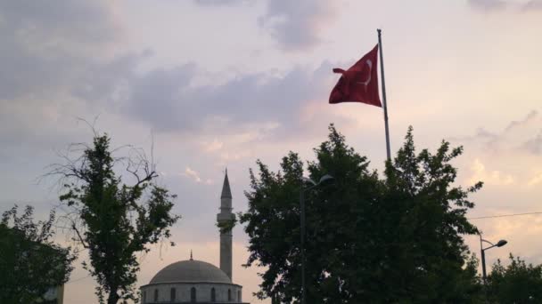 비카미라는 이름을 모스크가 아이딘에서 국기를 흔들고 있습니다 — 비디오
