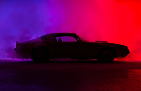 Silhouette Old Fashion Muscle Car Red Blue Background Some Fog — Stockfoto