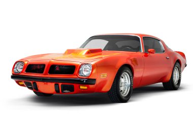 İzmir, Türkiye - 11 Temmuz 2020: Turuncu renkli 1974 Pontiac Trans Am marka bir arabanın ön görüntüsü.