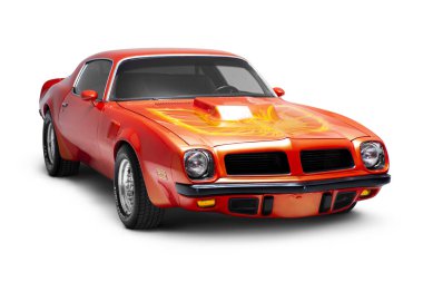 İzmir, Türkiye - 11 Temmuz 2020: Bir stüdyo çekiminde 1974 Pontiac Brand Trans 'ın ön görüntüsü.