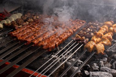  Soğan, domates, tavuk, şiş kebap ve et şiş şiş şiş ızgaranın üstünde ızgara yaparken dumanlı tatlar ve canlı renklerle fotoğraf çekmek.
