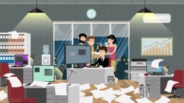 Bu karikatür videosunda bir ofis müdürü ve bazı ofis çalışanları işlerini yaparken görülüyor.