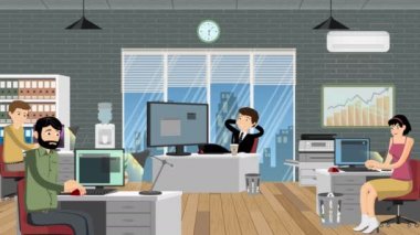 Bu karikatür videosu bazı ofis çalışanları işlerini yaparken bir ofis yöneticisinin dinlendiğini gösteriyor.