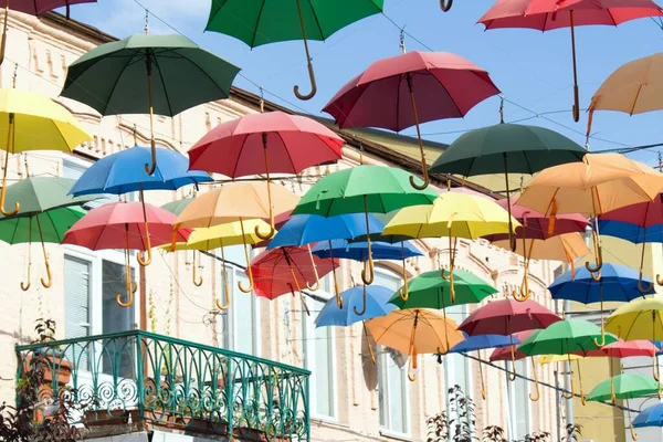 Colorful Umbrellas Street Balcony — Stock Photo, Image