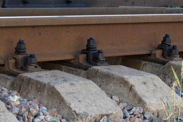 Fijación Rieles Ferroviarios Con Conexión Roscada Masiva Condiciones Reales — Foto de Stock