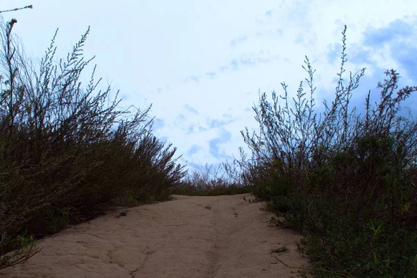 Sendero Arenoso Que Sube Colina Sobre Fondo Nublado Del Cielo —  Fotos de Stock