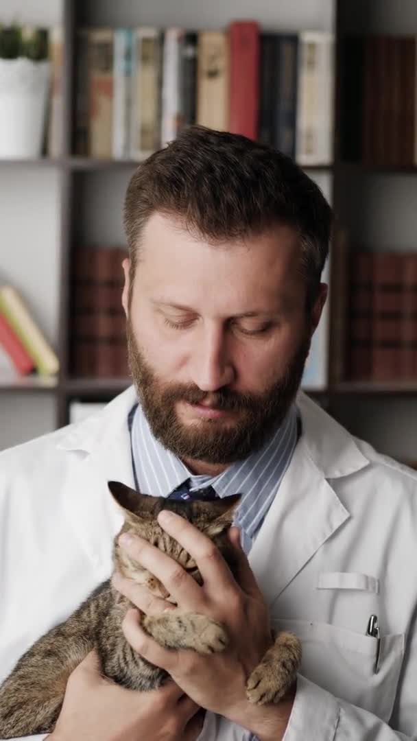 Il dottore veterinario sta parlando con la telecamera. Orientamento verticale attraente medico veterinario barbuto in camice bianco tiene gatto in mano e spiega qualcosa mentre guarda la fotocamera — Video Stock