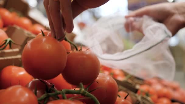 Süpermarket, kadın el penaları ve sebze domateslerini yeniden kullanılabilir çevre dostu poşetlere koyuyorlar. Yakın plan. — Stok video